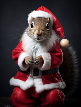 An Anthropomorphic Squirrel Dress Up as Santa Claus