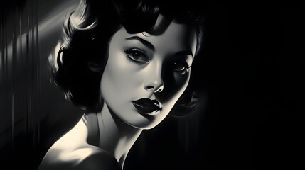 A monochromatic image featuring a woman with a film noir-inspired look reminiscent of the 1940s