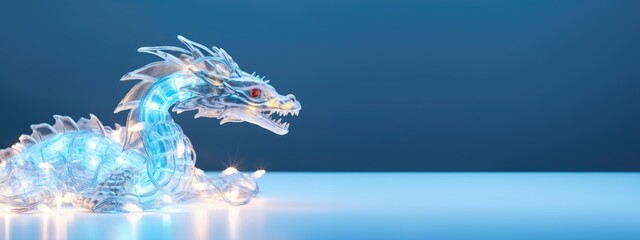 New Year's blue dragon decorated with garland on a blue background with copy space.