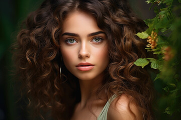 Fototapeta premium Close-up portrait of a cute curly-haired brunette with green eyes against a background of foliage. Natural beauty concept.