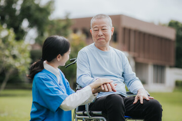 Fototapeta premium Happy young nurse talks to an elderly man with a disability