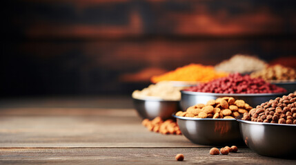 Set of Dry cat food in bowl on wooden background. Vitamins and nutrients for good health and energy...