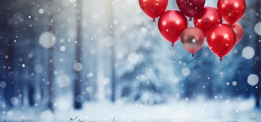 Floating helium red balloons on a snowy winter forest background. wallpaper banner, copy space for text, celebration valentines and christmas card - obrazy, fototapety, plakaty
