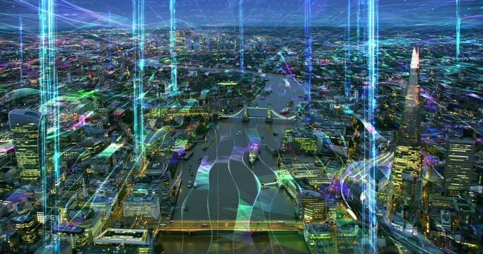 Smart City and Communication Network Concept, 5G, Internet of Things, Augmented Reality, Big Data. Holographic Animation over Aerial Wired London Skyline Famous Bridges and Buildings.
