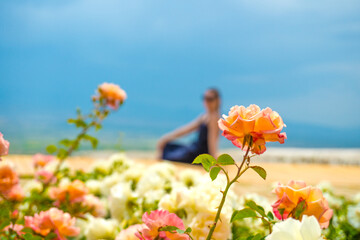 Girl or woman sits on a terrace with a panoramic view of the mountains with pink roses rosebuds in...