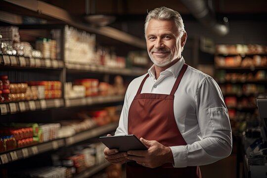 Grocery store owner. Middle aged Caucasian man in red apron smiling and looking at camera. Small business in a country of equal opportunities. He stands and openly smiles looking at the camera. - Powered by Adobe