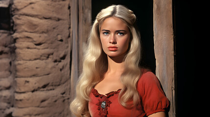 Fototapeta premium A young woman in the American Wild West, dressed in a vibrant red gown, stands with her long, flowing blonde hair outside her homestead. 