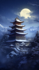 Obraz premium An ancient pagoda on top of blue water, bathed in moonlight, reflecting a faint glow from distant clouds