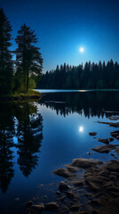 Noche estrellada sobre un lago sereno: la luna llena brilla intensamente, reflejando su luz en aguas tranquilas, enmarcada por un bosque silencioso y un cielo despejado lleno de estrellas - obrazy, fototapety, plakaty