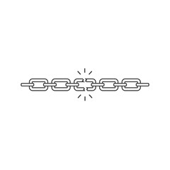 Broken chain like bad connection line icon. concept of end of relationship or slavery and jail or prison break. Graphic lock and unlock lineart design element isolated flat sign - obrazy, fototapety, plakaty