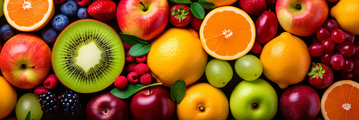 variety of fresh colorful fruits, healthy vegetarian diet