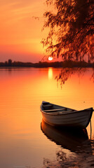 Sol poniente tiñendo de naranja el horizonte en un lago apacible, con un bote en reposo y ramas susurrantes de árboles que se perfilan contra el cielo crepuscular reflejado en aguas mansas - obrazy, fototapety, plakaty