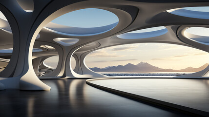 Futuristic interior with mountains and blue sky. 3d rendering