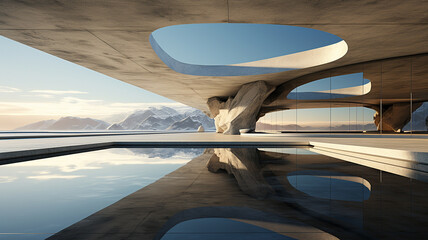 3d render of modern architecture interior with sea and mountain view.