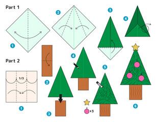 Christmas tree origami scheme tutorial moving model. Origami for kids. Step by step how to make a cute origami fir. Vector illustration.