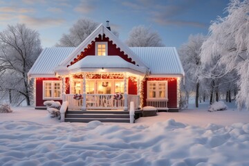 Enchanting holiday cottage beautifully decorated with festive lights, nestled in a snowy wonderland.