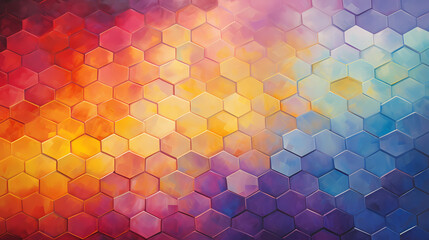 An oil painting depicting a vibrant geometric dance of hexagons in a spectrum of contrasting colors, each facet shimmering with a glossy finish