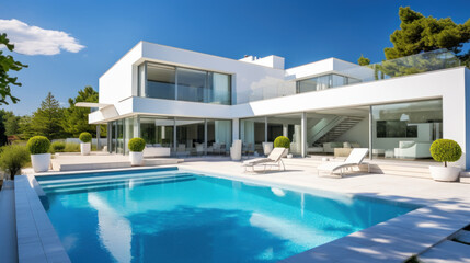 Obraz na płótnie Canvas villa contemporaine d'architecte aux murs blanc et grandes baies vitrées avec piscine et terrasse