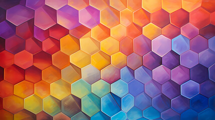 An oil painting depicting a vibrant geometric dance of hexagons in a spectrum of contrasting colors, each facet shimmering with a glossy finish