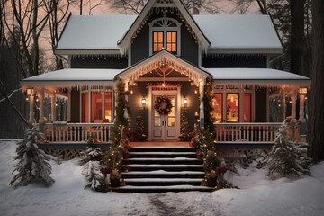 Enchanting winter cottage with festive christmas decorations and cozy ambiance in snowy surroundings