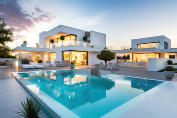 villa contemporaine d'architecte aux murs blanc et grandes baies vitrées avec piscine et terrasse