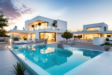 Fototapeta premium villa contemporaine d'architecte aux murs blanc et grandes baies vitrées avec piscine et terrasse