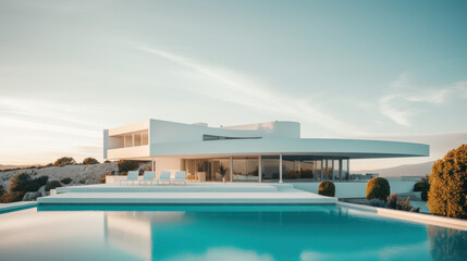 Fototapeta na wymiar villa contemporaine d'architecte aux murs blanc et grandes baies vitrées avec piscine et terrasse