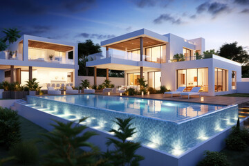 Fototapeta premium villa contemporaine d'architecte aux murs blanc et grandes baies vitrées avec piscine et terrasse