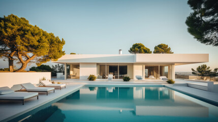 villa contemporaine d'architecte aux murs blanc et grandes baies vitrées avec piscine et terrasse - obrazy, fototapety, plakaty