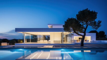 Fototapeta premium villa contemporaine d'architecte aux murs blanc et grandes baies vitrées avec piscine et terrasse