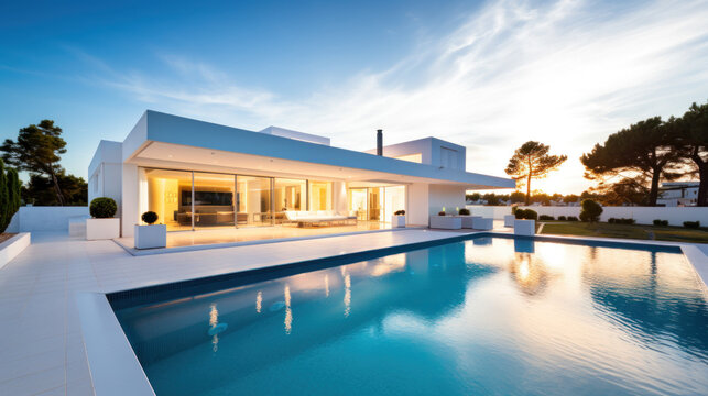 villa contemporaine d'architecte aux murs blanc et grandes baies vitr&eacute;es avec piscine et terrasse