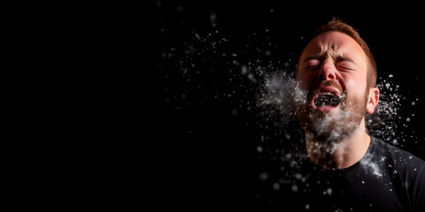 Man sneezing, spreading a mist of droplets that may hold virus or germs into the air. Shallow field of view with copy space. - obrazy, fototapety, plakaty