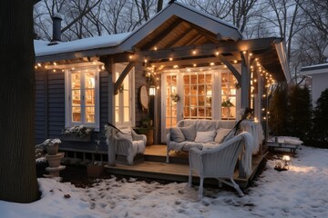 Obraz premium Festive winter cottage with charming decorations and cozy ambiance amidst snowy surroundings