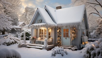 Enchanting snowy cottage with festive christmas decorations, cozy ambiance, and a welcoming wreath
