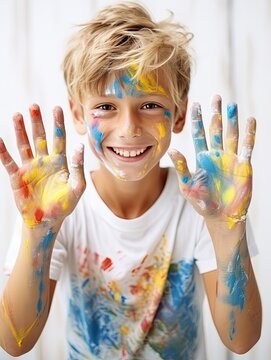 A little boy stained from head to toe with paints shows open palms and smiles. Close-up shooting. Generated Ai.