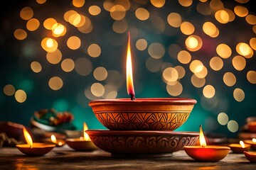 burning diya candles  on blur diwali background