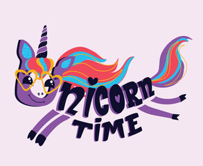 Vector flat cartoon unicorn with quote isolated on pink background. Unicorn time lettering illustration