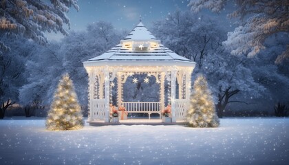 Festive cottage with cozy ambiance, snowy surroundings, enchanting christmas lights decorations.