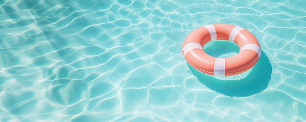A pink rubber ring floats in a blue pond. - obrazy, fototapety, plakaty
