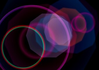 intersecting glowing circles on black background. Abstract illustration. Modern design template for posters,banners, brochures, flyers, covers, websites. 