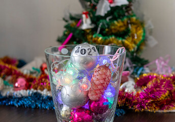 Close up shot of new year decorations. New year changing numbers. Holiday