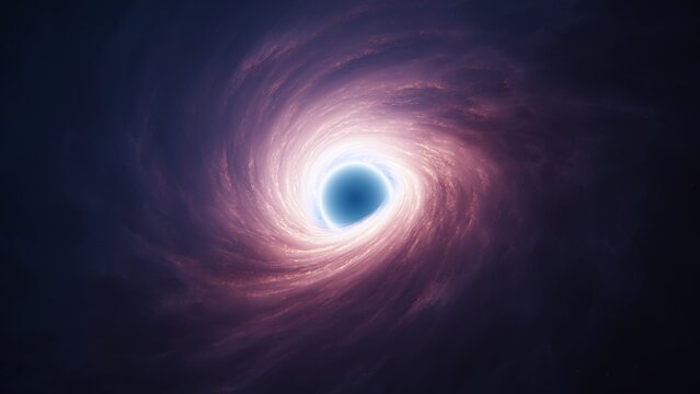 Interstellar black hole with glowing accretion disk and singularity nucleus. Concept 3D illustration of cosmic wormhole on starry space background. Theory of relativity and quantum physics wallpaper.
