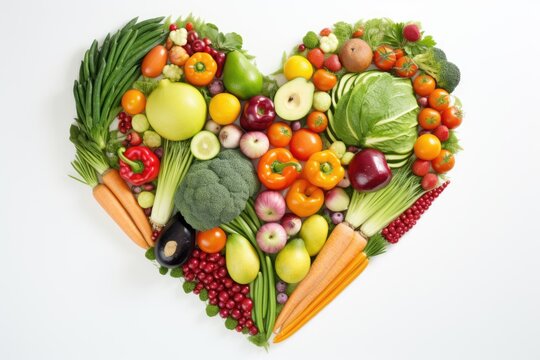 various vegetables and fruits heart shape on white background
