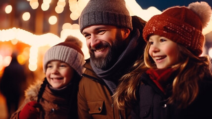 happy family with little daughter on street at winter fair