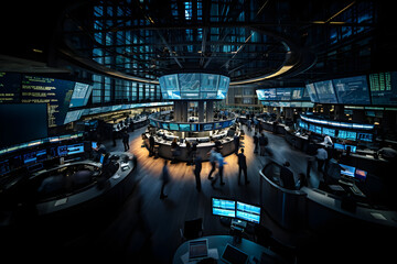 bird's-eye view of a bustling Stock Exchange trading floor, complete with monitors and blurred traders in the midst of financial transactions. dynamic world of stock trading