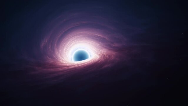 Interstellar black hole with glowing accretion disk and singularity nucleus. Concept 3D animation of cosmic wormhole on starry space background. Theory of relativity and quantum physics wallpaper.