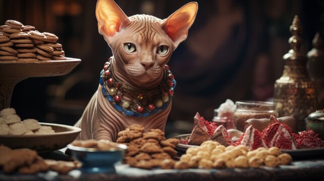 Sphinx cat looking at the gingerbread cookies and other New Years sweets on the table, portrait. Sphinx cat. Horizontal banking background for web. Photo AI Generated