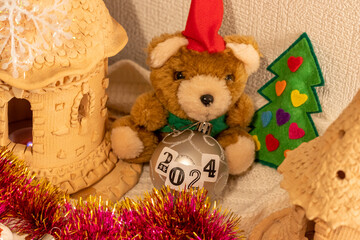 Close up shot of new year decorations. New year changing numbers. Holiday