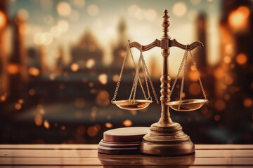 World and wooden gavel with a golden scale for law interpretation. Justice and court concept. - obrazy, fototapety, plakaty