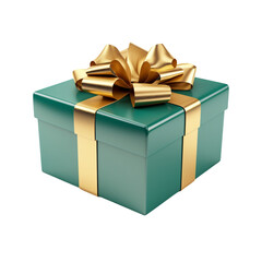Green Gift Box with Golden Bow, A sophisticated green gift box tied with a luxurious golden bow, set against a pristine white backdrop, evoking feelings of generosity, elegance, and joyous occasions.